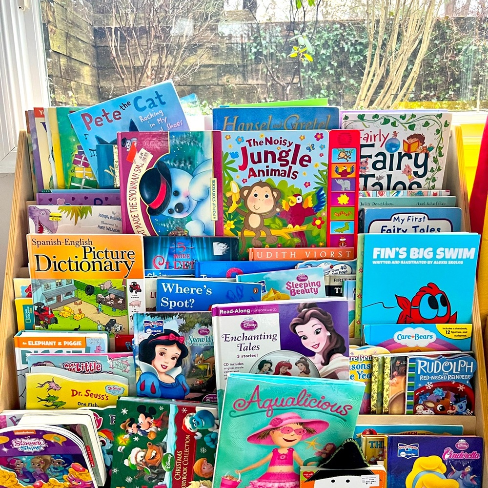 50+ books for $5 each. Disney, peppa pig, Pete the cat etc.